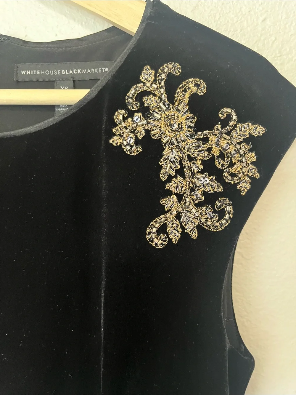 White House Black Market Black Velvet Mini Dress with Gold Appliqué - Picture 3 of 8
